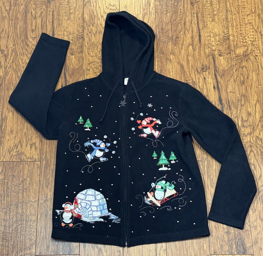 Essentials By Maggie Christmas Sweater Black Zip Up Hoodie - Women’s Size S